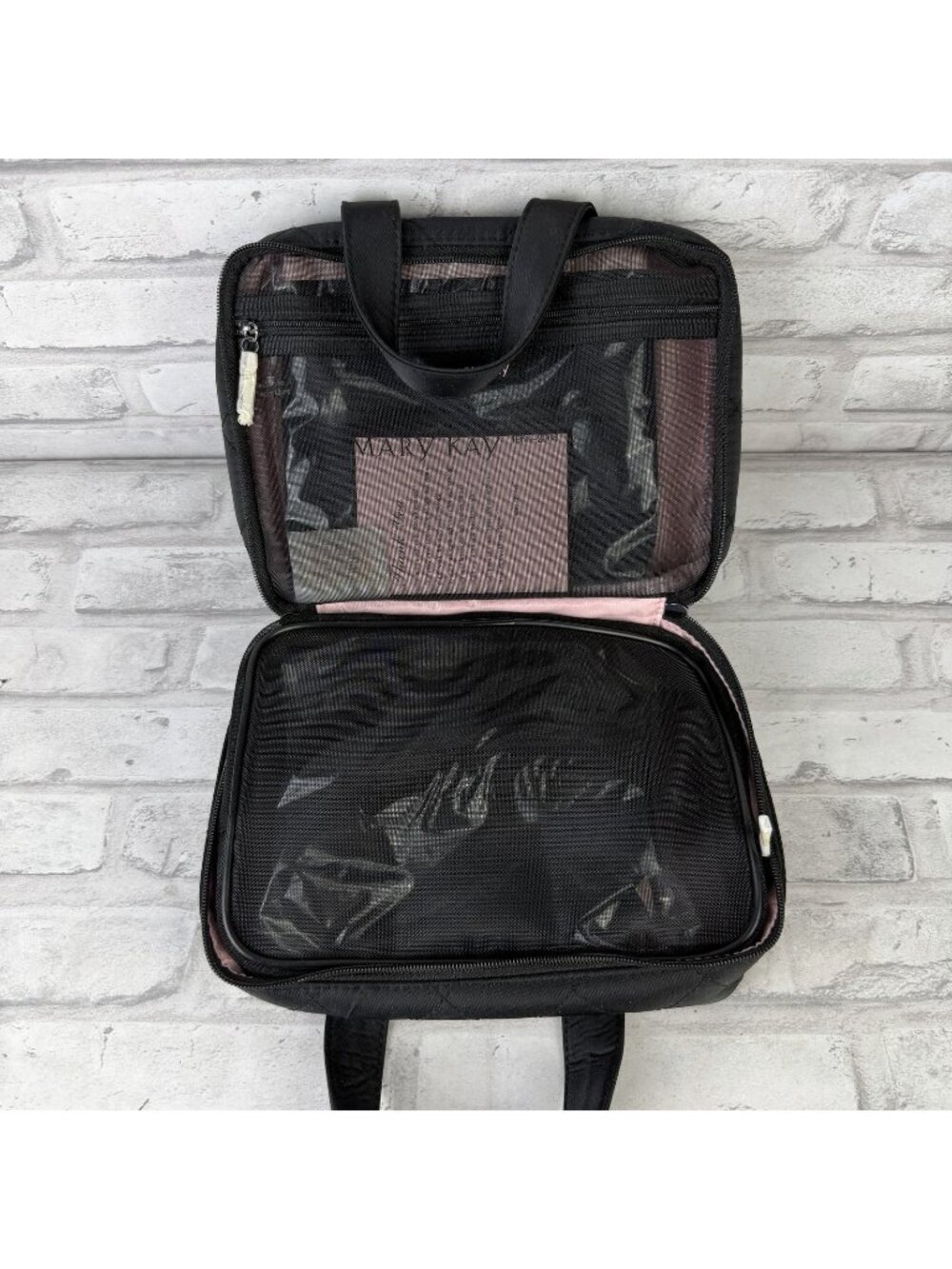 Mary Kay 4pc Quilted Makeup Black Travel Removable Mesh Bag Zippered Set NEW